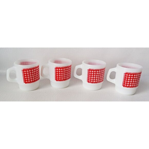 Vintage Fire King Milk Glass Mugs Red Gingham Stacking Milk Glass Fire King - Picture 1 of 6